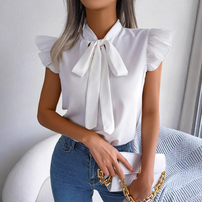 Solid Blouse with Tie-Neck and Ruffle Sleeves