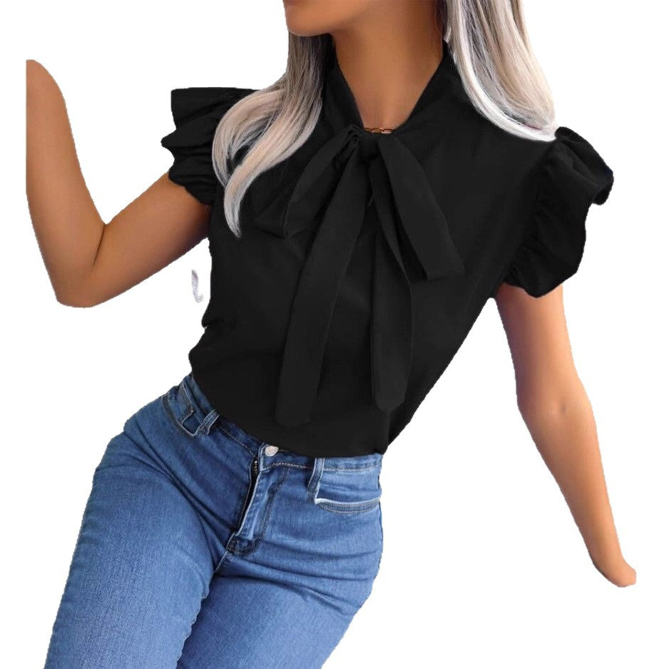 Solid Blouse with Tie-Neck and Ruffle Sleeves