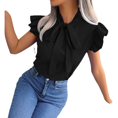 Solid Blouse with Tie-Neck and Ruffle Sleeves