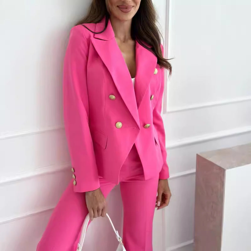 Long Sleeve Double-Breasted Blazer with Gold Buttons