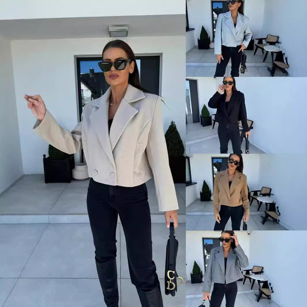 Solid Cropped Blazer with Suit Collar and Double-Breasted Front