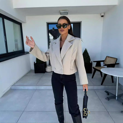 Solid Cropped Blazer with Suit Collar and Double-Breasted Front