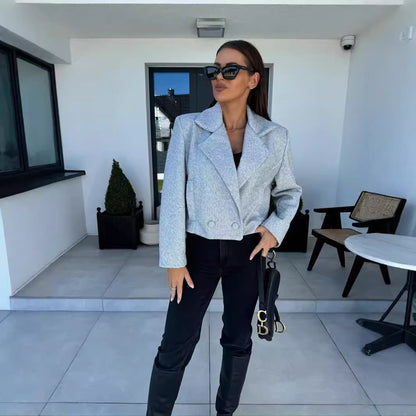 Solid Cropped Blazer with Suit Collar and Double-Breasted Front