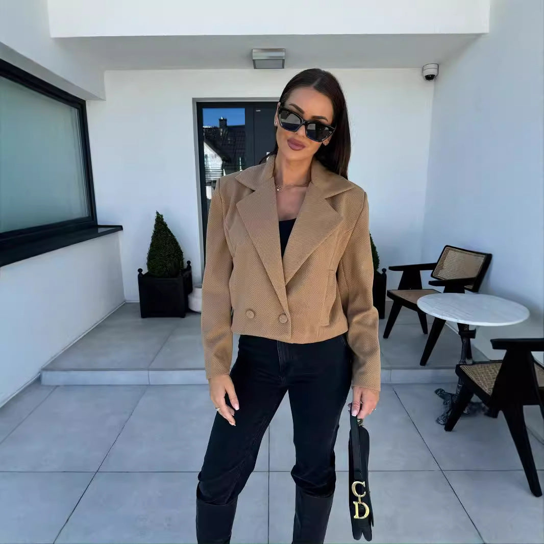 Solid Cropped Blazer with Suit Collar and Double-Breasted Front