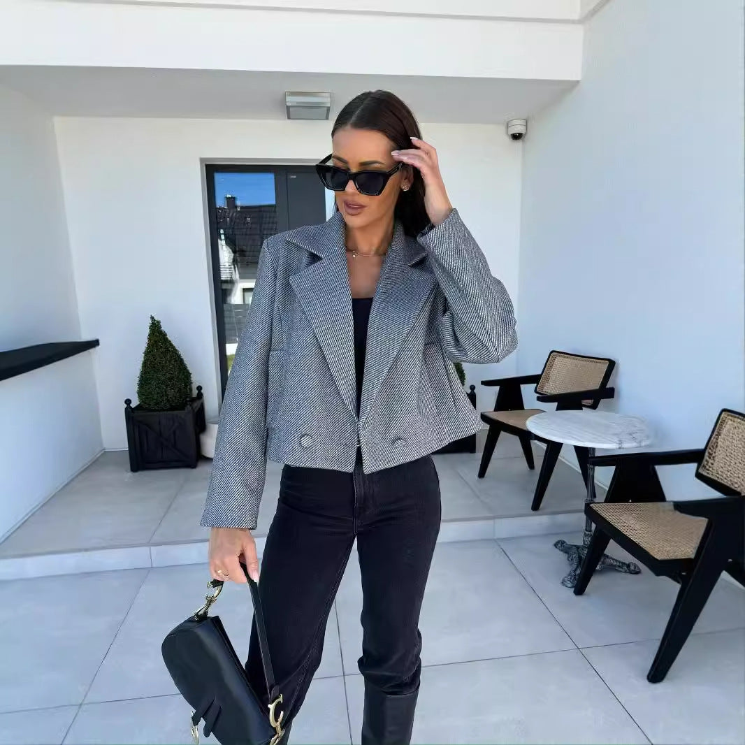 Solid Cropped Blazer with Suit Collar and Double-Breasted Front