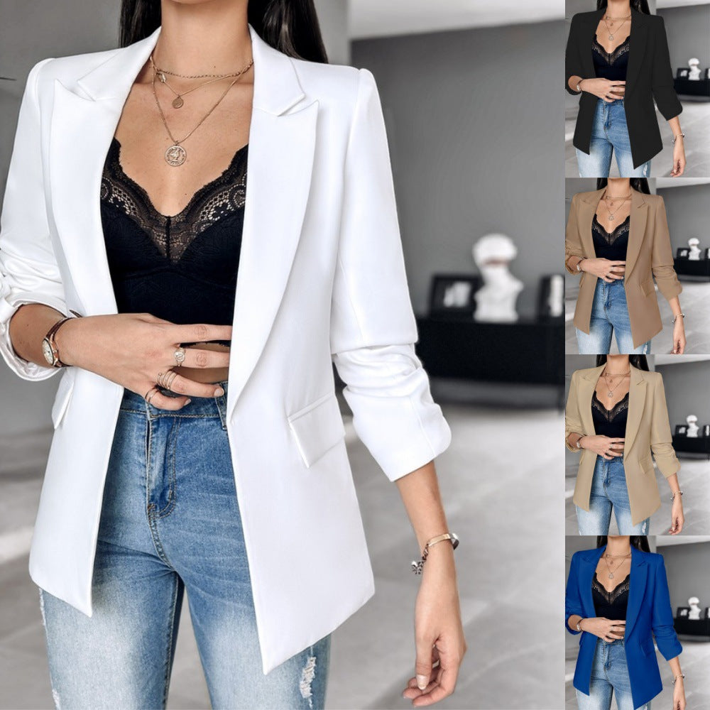 Solid Open-Front Blazer with Notched Lapel and 3/4 Sleeves
