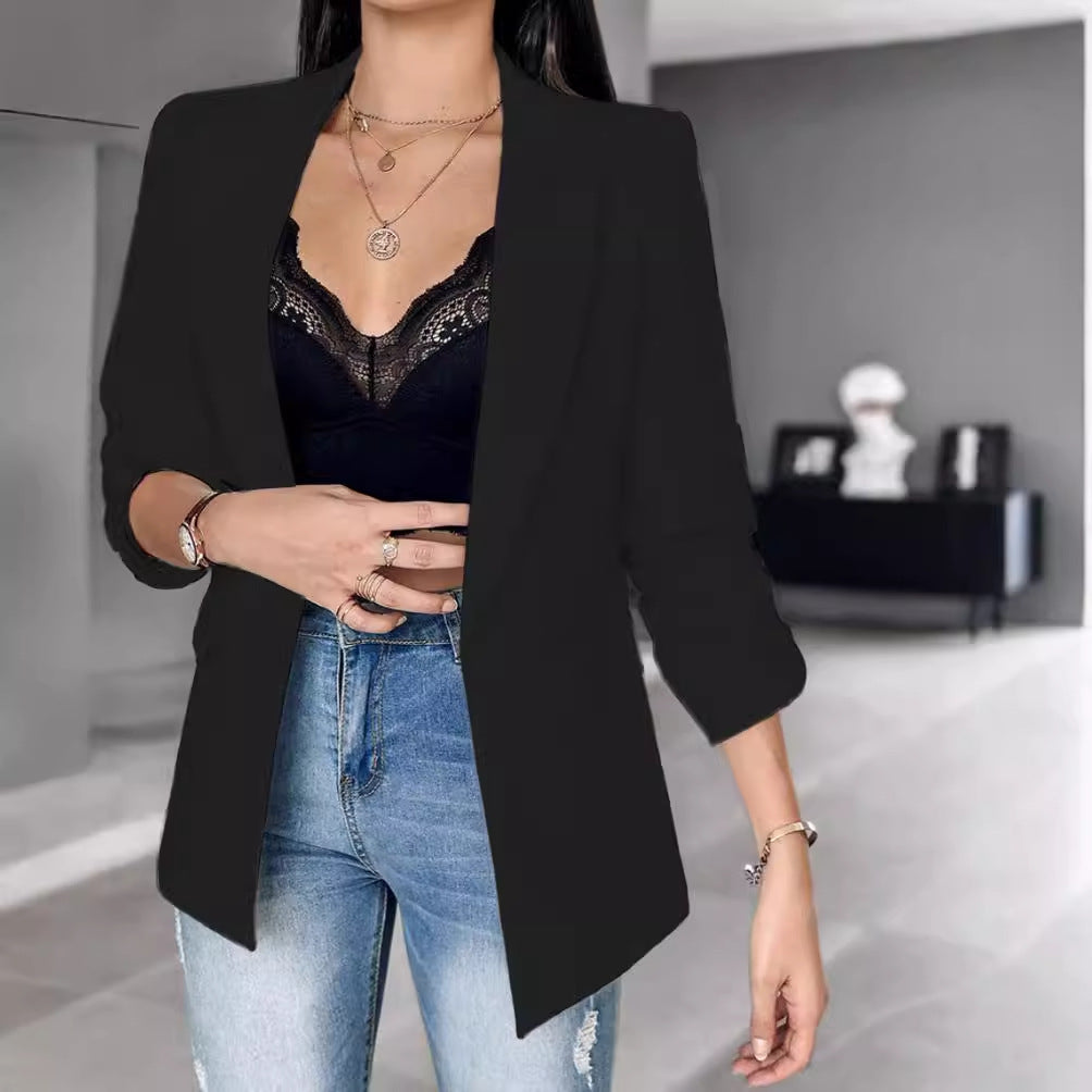 Solid Open-Front Blazer with Notched Lapel and 3/4 Sleeves