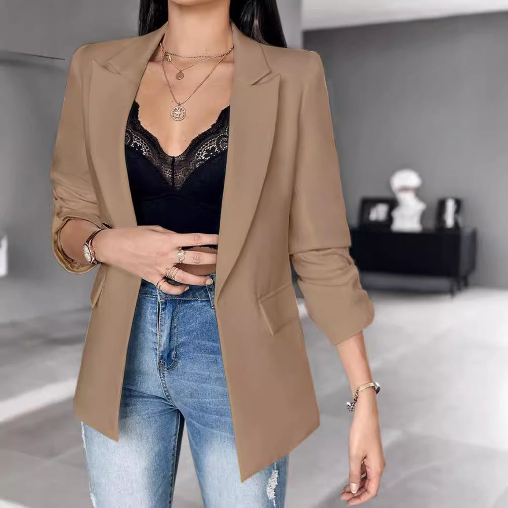Solid Open-Front Blazer with Notched Lapel and 3/4 Sleeves