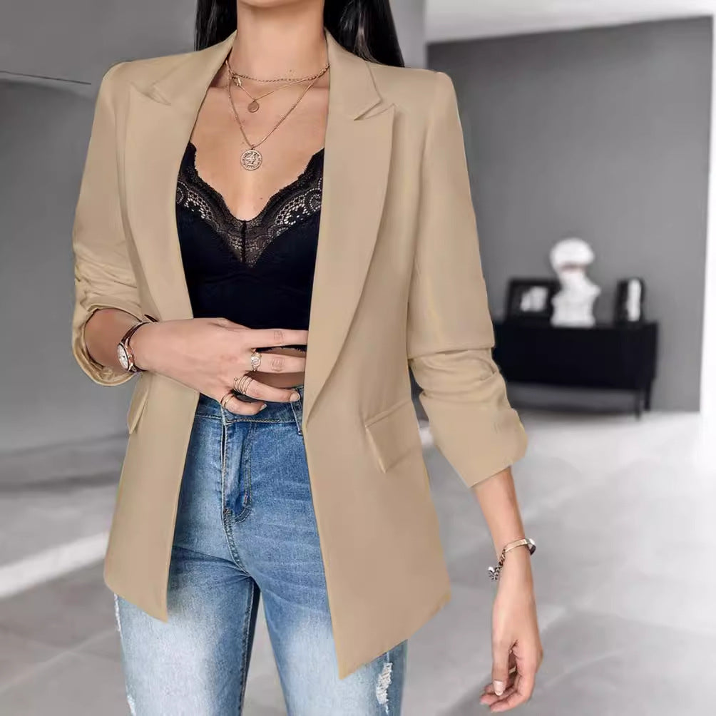 Solid Open-Front Blazer with Notched Lapel and 3/4 Sleeves