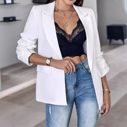 Solid Open-Front Blazer with Notched Lapel and 3/4 Sleeves