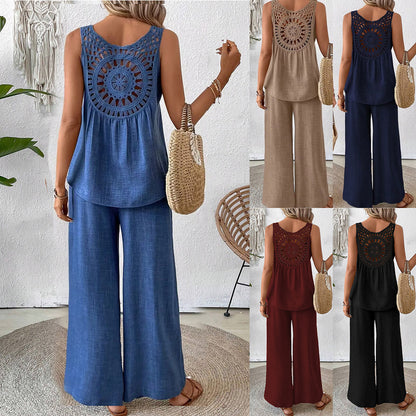 Sleeveless Pants Set with Hollow-Out Lace Back