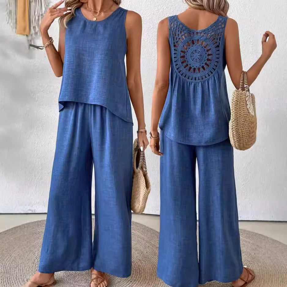 Sleeveless Pants Set with Hollow-Out Lace Back