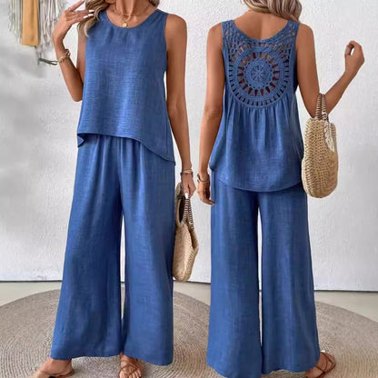 Sleeveless Pants Set with Hollow-Out Lace Back