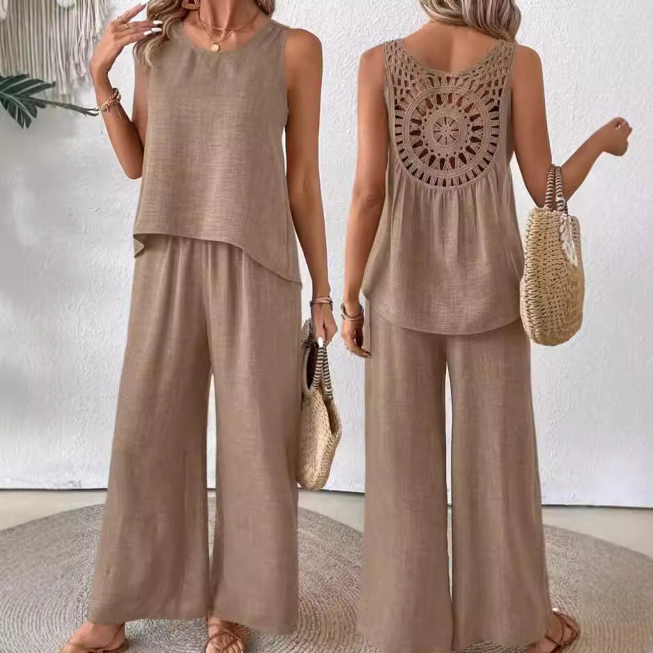 Sleeveless Pants Set with Hollow-Out Lace Back
