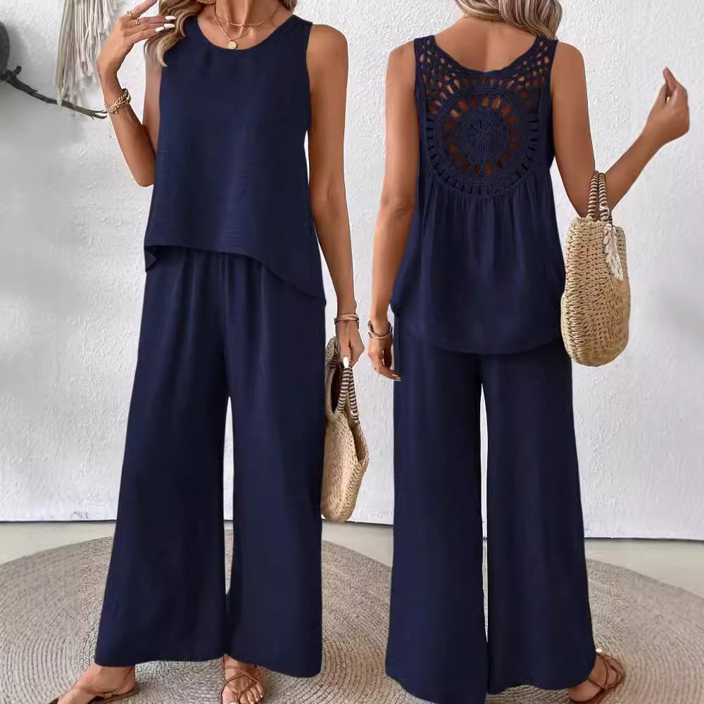 Sleeveless Pants Set with Hollow-Out Lace Back