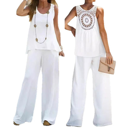 Sleeveless Pants Set with Hollow-Out Lace Back