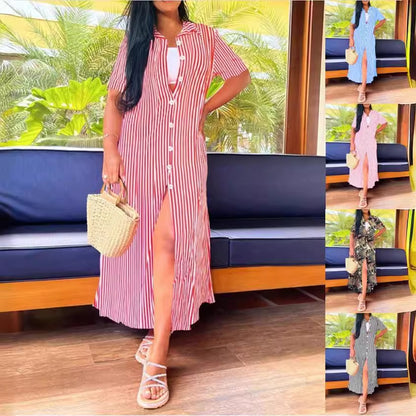 Striped Maxi Shirt Dress with V-Neck