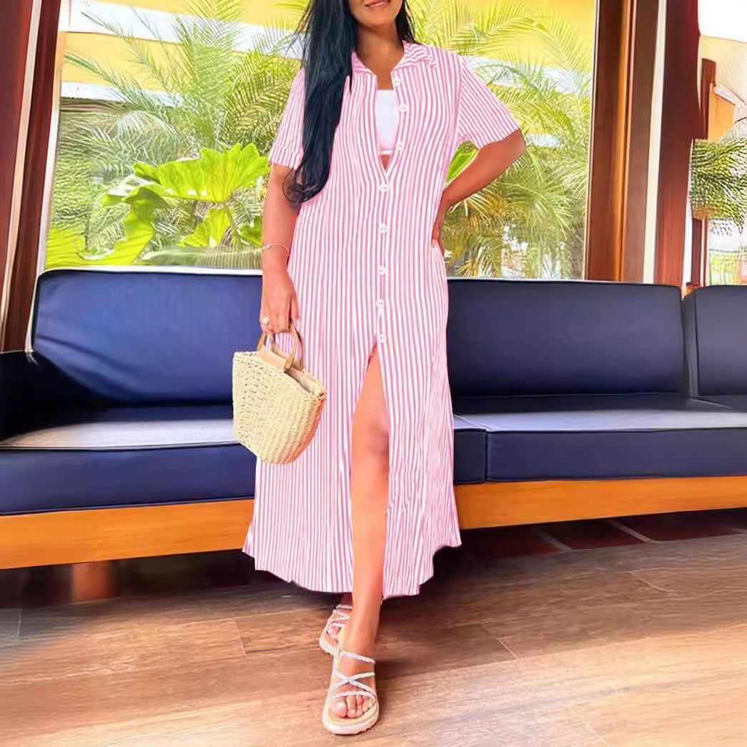Striped Maxi Shirt Dress with V-Neck