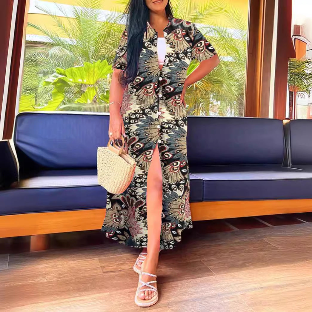 Striped Maxi Shirt Dress with V-Neck