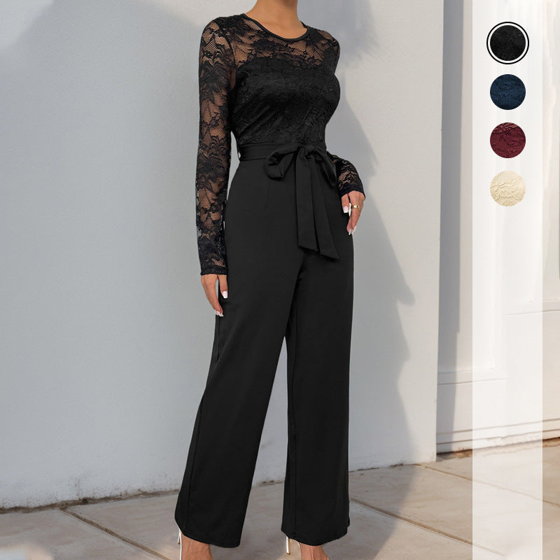Lace Long Sleeve Jumpsuit with Tie Waist