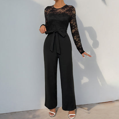 Lace Long Sleeve Jumpsuit with Tie Waist