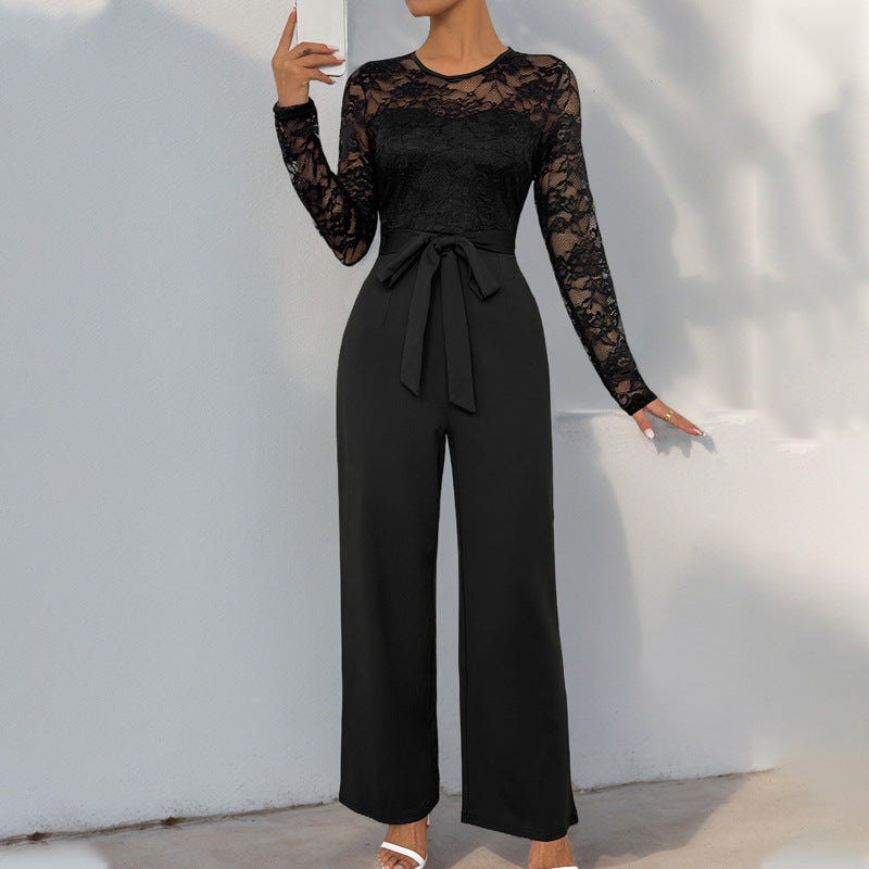 Lace Long Sleeve Jumpsuit with Tie Waist