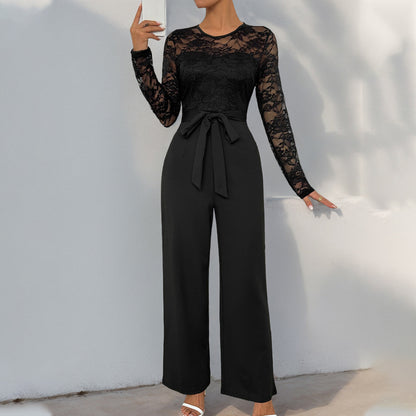Lace Long Sleeve Jumpsuit with Tie Waist