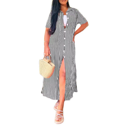 Striped Maxi Shirt Dress with V-Neck