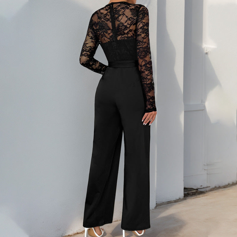 Lace Long Sleeve Jumpsuit with Tie Waist