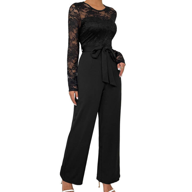 Lace Long Sleeve Jumpsuit with Tie Waist
