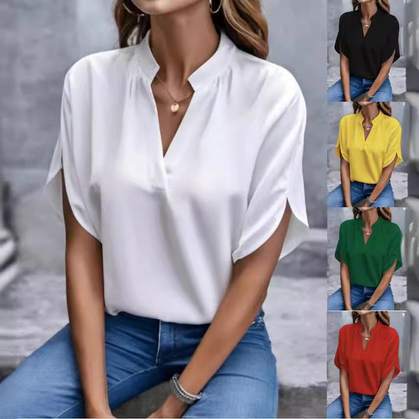 Loose Blouse with Split V-Neck and Slit Short Sleeves