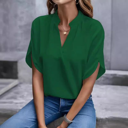 Loose Blouse with Split V-Neck and Slit Short Sleeves