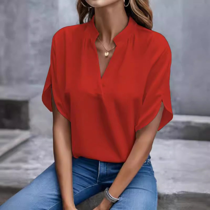 Loose Blouse with Split V-Neck and Slit Short Sleeves