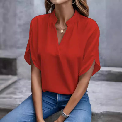 Loose Blouse with Split V-Neck and Slit Short Sleeves