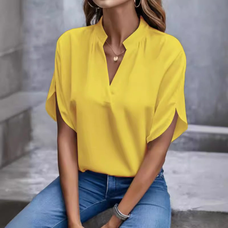 Loose Blouse with Split V-Neck and Slit Short Sleeves