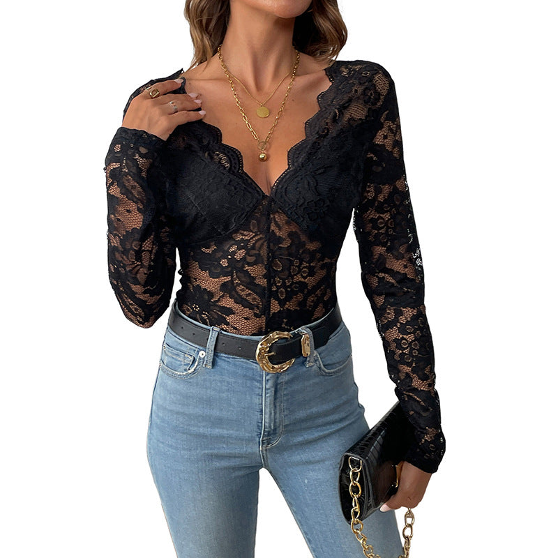 Lace Bodysuit with Long Sleeves and V-Neck
