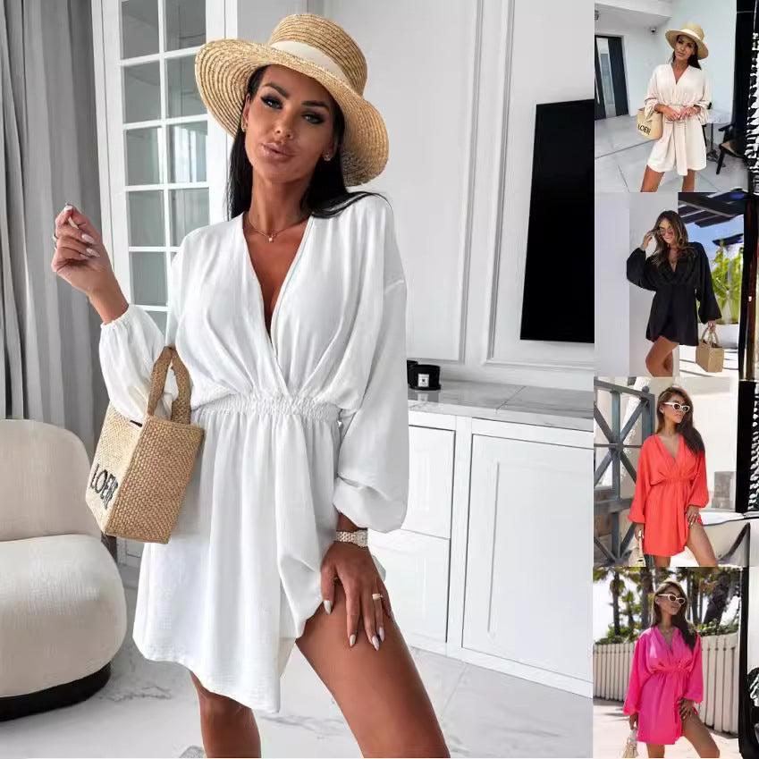 V-Neck Mini Dress with Elastic Waist and Long Sleeves
