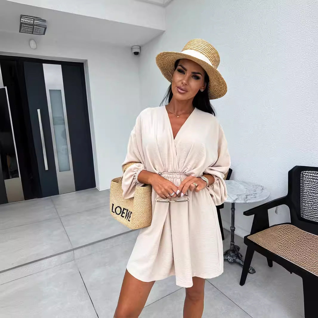 V-Neck Mini Dress with Elastic Waist and Long Sleeves