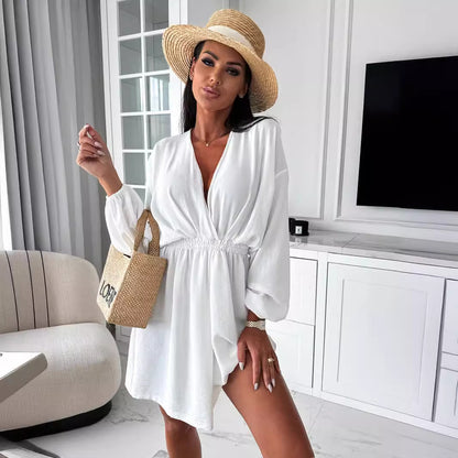 V-Neck Mini Dress with Elastic Waist and Long Sleeves