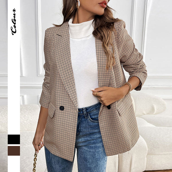 Houndstooth Blazer with Suit Collar and One Button