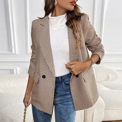 Houndstooth Blazer with Suit Collar and One Button