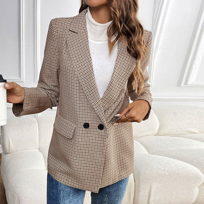Houndstooth Blazer with Suit Collar and One Button