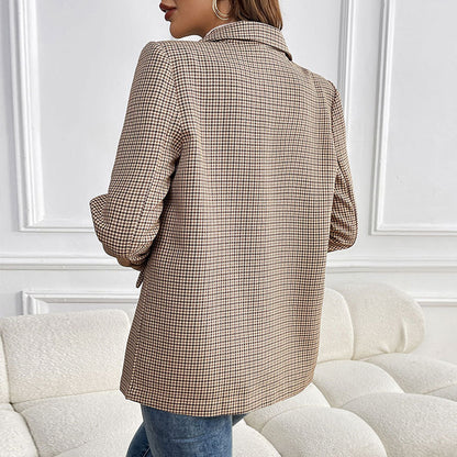 Houndstooth Blazer with Suit Collar and One Button
