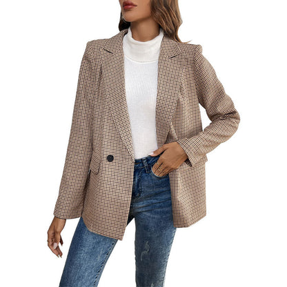 Houndstooth Blazer with Suit Collar and One Button