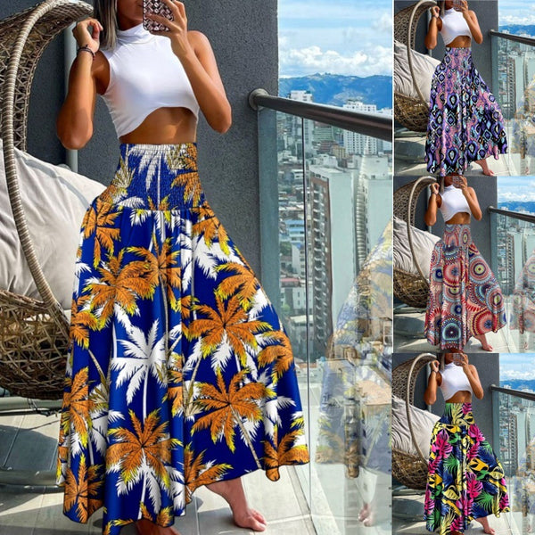High-Waist Shirred Maxi Skirt with Print