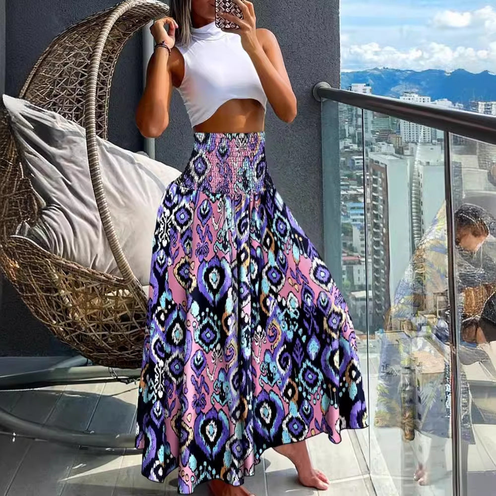 High-Waist Shirred Maxi Skirt with Print