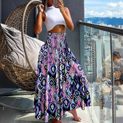 High-Waist Shirred Maxi Skirt with Print