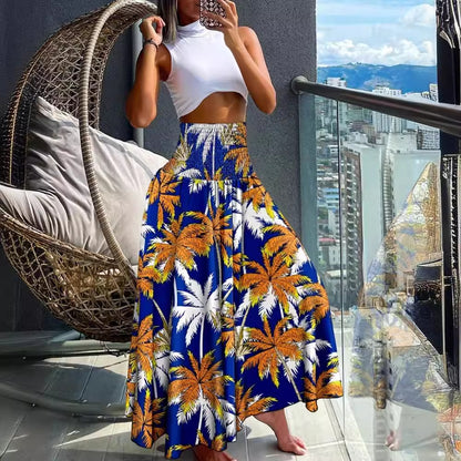 High-Waist Shirred Maxi Skirt with Print