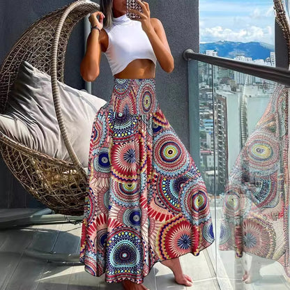 High-Waist Shirred Maxi Skirt with Print