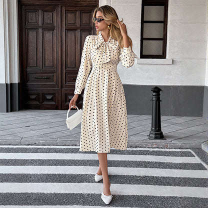 Polka Dot Midi Dress with Bow Tie Collar